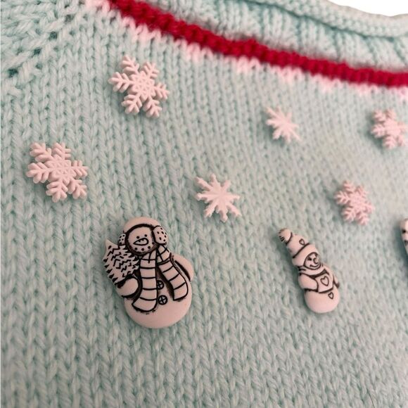 Handmade Knit Christmas Winter Sweater Snowflakes and Snowmen Charms Light Blue - Picture 6 of 10